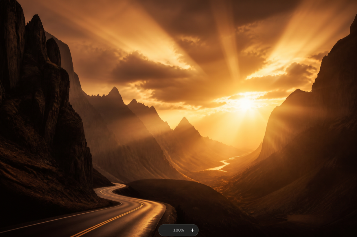 A winding road through a golden-hour mountain canyon with god rays